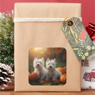 West Highland White Terrier Welppy Autumn Pumpkin Quadratischer Aufkleber