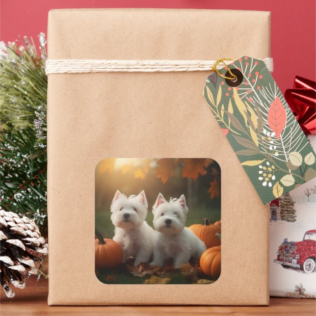 West Highland White Terrier Welppy Autumn Pumpkin Quadratischer Aufkleber (Feiertag)
