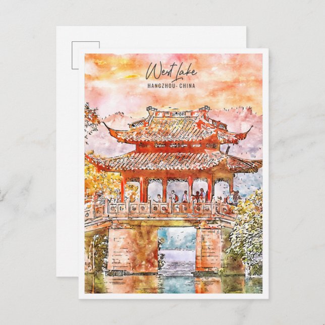 West Lake Hangzhou China Vintage Reise Aquarell Postkarte (Vorne/Hinten)