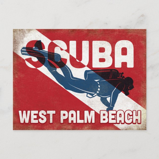 West Palm Beach Scuba Diver - Blue Retro Postkarte (Vorderseite)