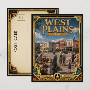 West Plains Missouri Vintage Art Deco Goldenes Zei Postkarte