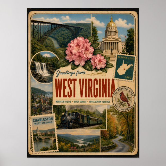 West Virginia Authentischer Vintage-Stil Poster (Vorne)
