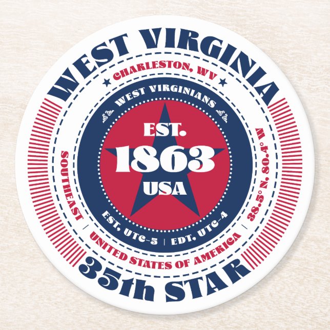 West Virginia Red White Blue Typografy Runder Pappuntersetzer (Vorderseite)