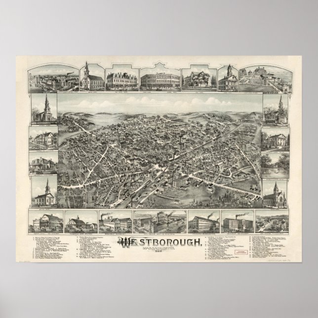 Westborough Mass. 1888 Antique Panoramabalkarte Poster (Vorne)