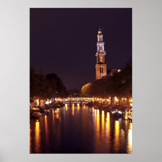 Westerkerk bei Nacht in Amsterdam, Niederlande Poster