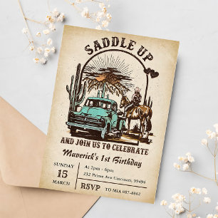 Western 1. Geburtstag Party satteln Einladung