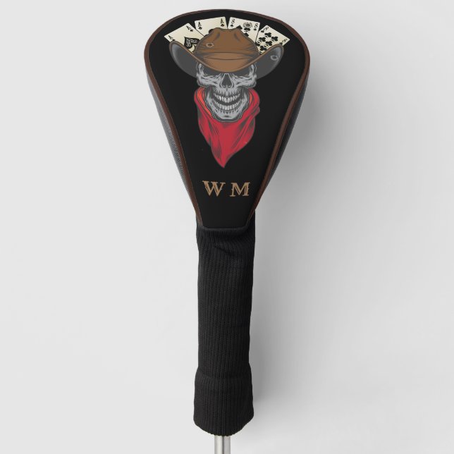 Western Aces N Aights Cowboy Skull Monogramm Golf Headcover (Vorderseite)