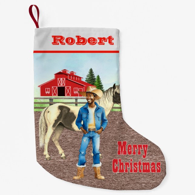 Western Adult Cowboy mit Pferd und Stall Kleiner Weihnachtsstrumpf (Vorderseite)
