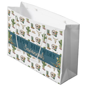 Western Aquamarin Cactus Boots Name Happy Birthday Große Geschenktüte