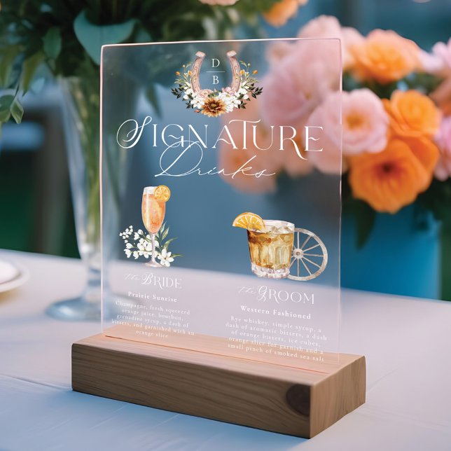 Western Aquarellbraun und Unterschrift Getränke Acrylschild (Western Watercolor Bride & Groom Signature Drinks Acrylic Sign)