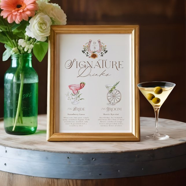 Western Aquarellbraun und Unterschrift Getränke Poster (Western Watercolor Bride & Groom Signature Drinks Poster)