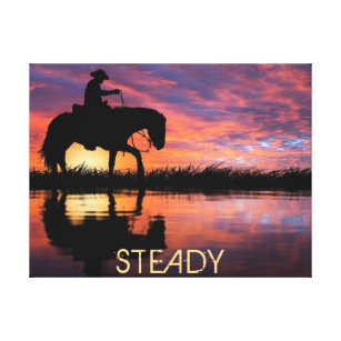 Western Art, Cowboy, Pferd, Sonnenuntergang Leinwanddruck