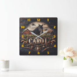 Western-Artwork mit Pferd und Stall Quadratische Wanduhr