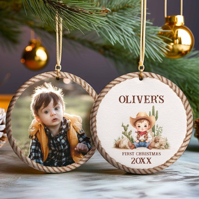 Western Baby Boy Erstes Foto Ornament (Western Baby Boy Photo Christmas Ornament)