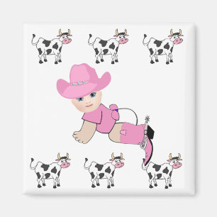 Western Baby Cowgirl mit Gepunkteten Kühen Magnet
