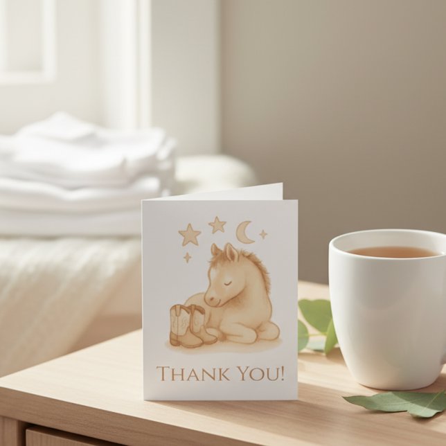 Western Babydusche Dankeskarte (Soft cowboy baby boots and foal thank you card)