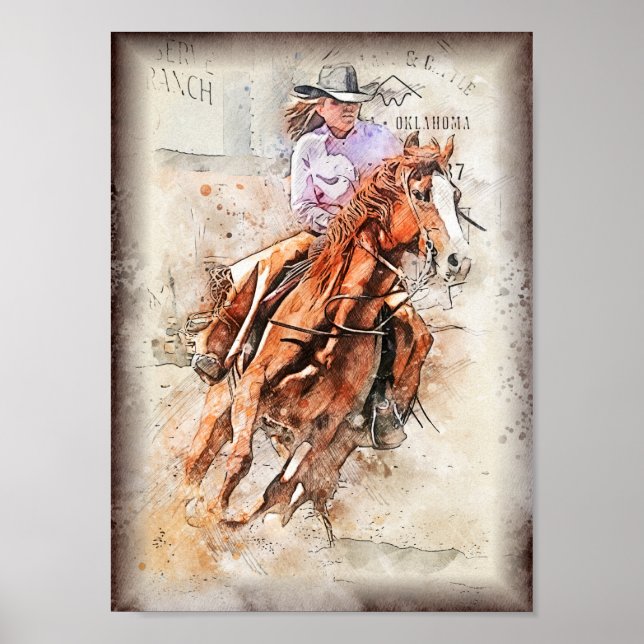 Western Barrel Racing Cowgirl Decoupage drucken Poster (Vorne)