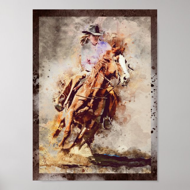 Western Barrel Racing Cowgirl Decoupage drucken Poster (Vorne)