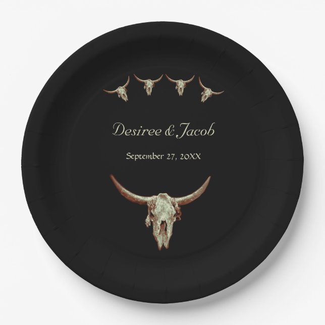 Western Black Rustic Wedding Kuh Bull Skull Pappteller (Vorderseite)