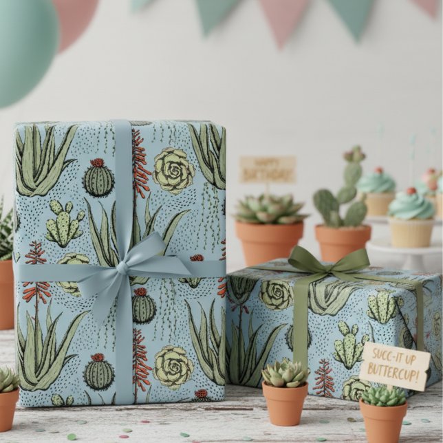 Western Blaue Wüste Kakteen und Sukkulturen Geschenkpapier (Elegant French Blue Succulent & Greenery Birthday Wrapping Paper 4 Plant Lover. Desert Cacti Pattern)