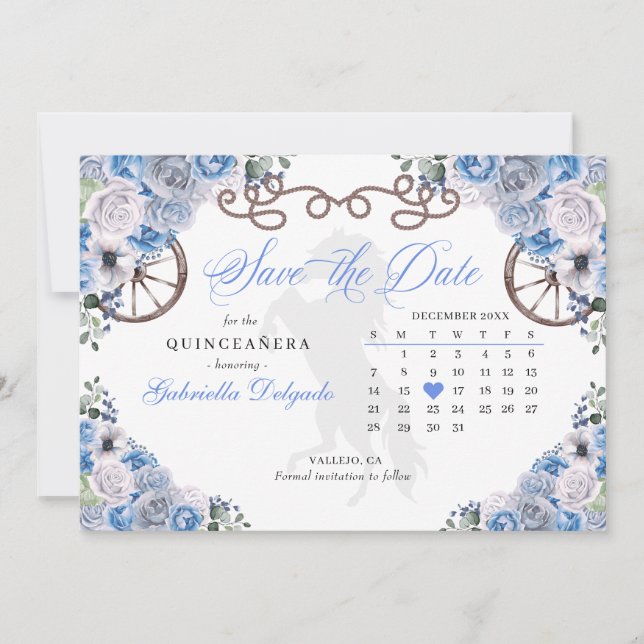 Western Blue Charro Quinceañera Save the Date Einladung (Vorderseite)
