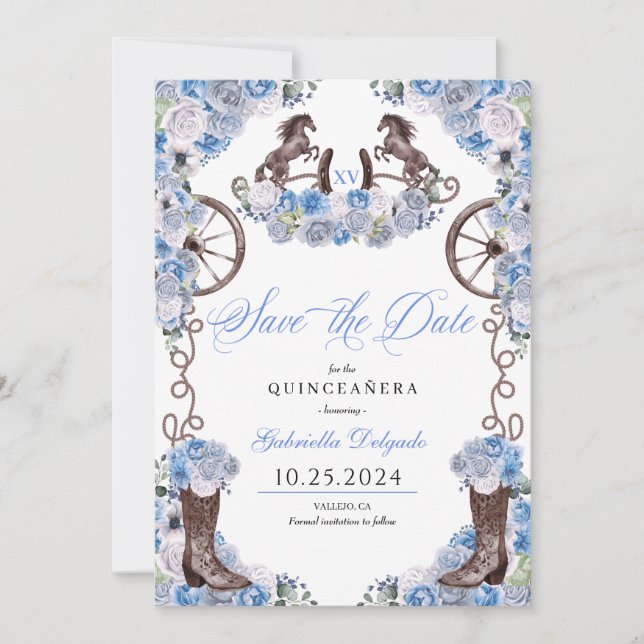 Western Blue Charro Save the Date Quinceañera Einladung (Vorderseite)