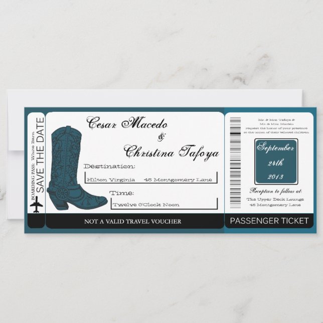 Western Blue Cowb Boarding Pass Einladung Hochzeit (Vorderseite)