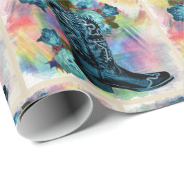Western Blue Cowboy Boot mit Rose auf Wasser Farbe Geschenkpapier
