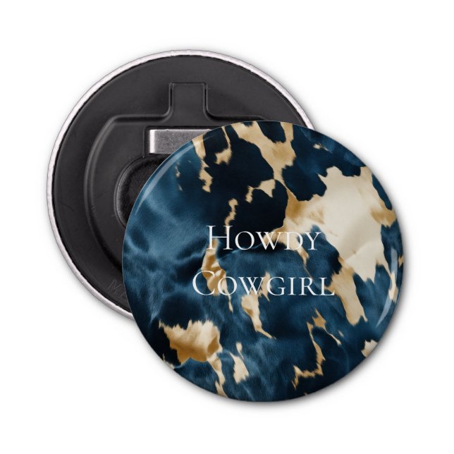 Western Blue Cream Gold Cowboy Cowgirl Cowhide Flaschenöffner (Vorderseite)