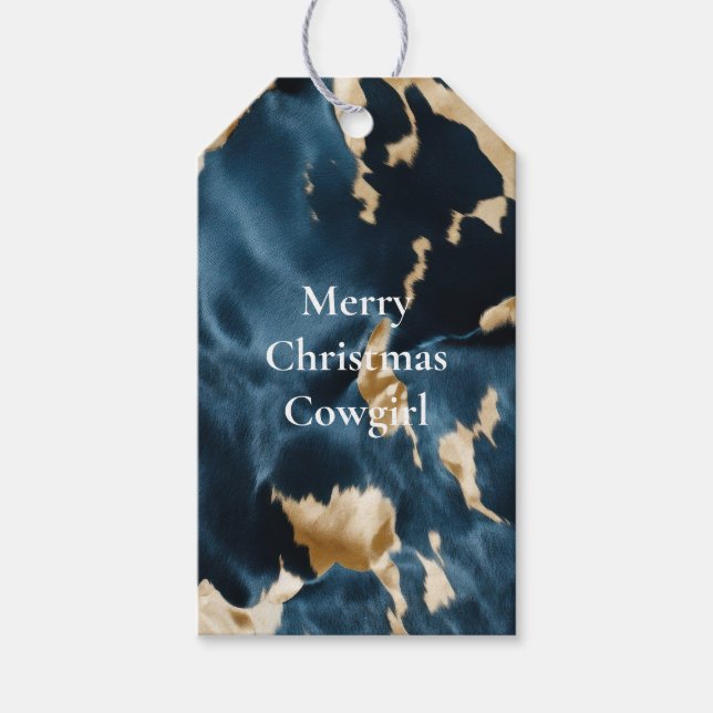 Western Blue Cream Gold Cowboy Cowgirl Cowhide Geschenkanhänger (Vorderseite)