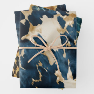 Western Blue Cream Gold Cowboy Cowgirl Cowhide Geschenkpapier Set