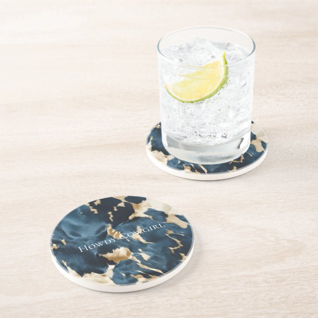 Western Blue Cream Gold Cowboy Cowgirl Cowhide Getränkeuntersetzer (Seite)