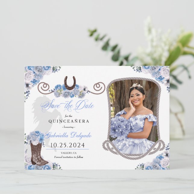 Western Blue Quinceañera Save the Date Foto Einladung (Stehend Vorderseite)