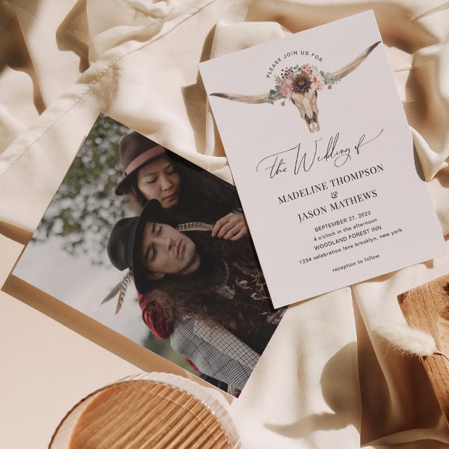 Western Bohemische Blütenkuh Foto Hochzeit Einladung (Von Creator hochgeladen)