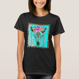 Western Boho Blume Türkis Kuh Bull Skull Rode T-Shirt