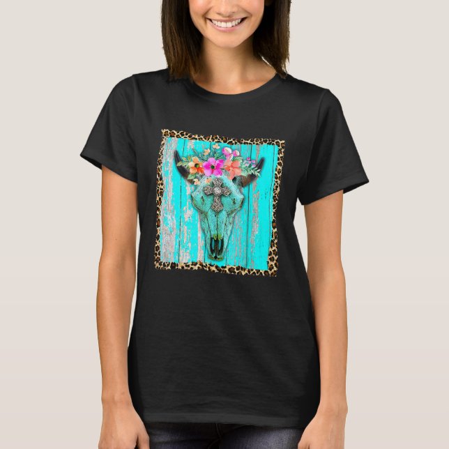 Western Boho Blume Türkis Kuh Bull Skull Rode T-Shirt (Vorderseite)