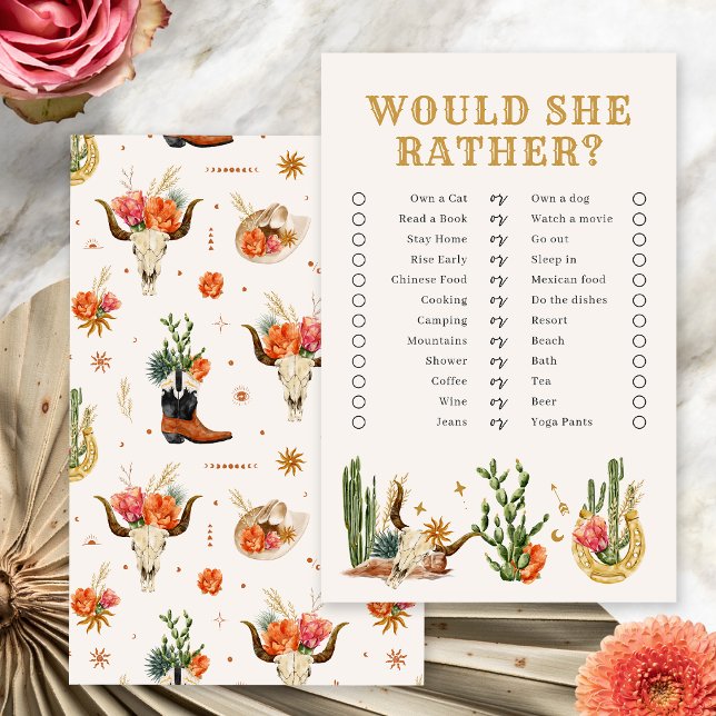 Western Boho Brautparty Game (Western Boho Bridal Shower Would She Rather? Game by Painted Paperie
)