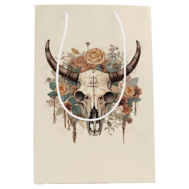 Western Boho Bull Skull Blumendekoupage Mittlere Geschenktüte (Vorderseite)