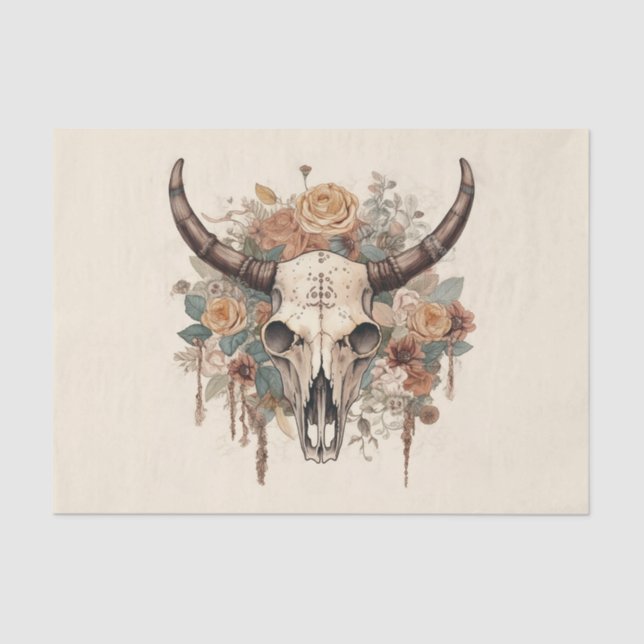 Western Boho Bull Skull Blumendekoupage Seidenpapier (Vorderseite)