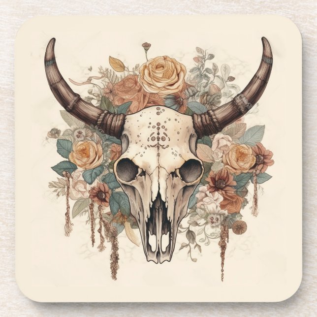 Western Boho Bull Skull Floral Getränkeuntersetzer (Vorderseite)