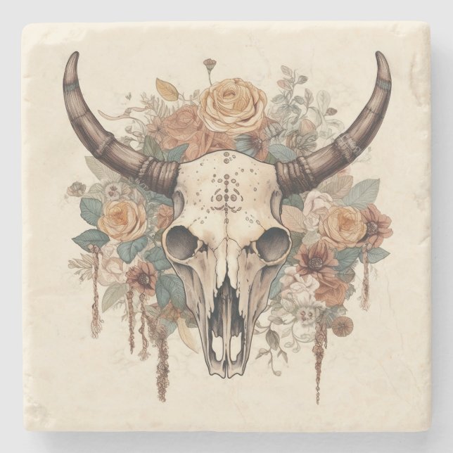 Western Boho Bull Skull Floral Steinuntersetzer (Vorderseite)