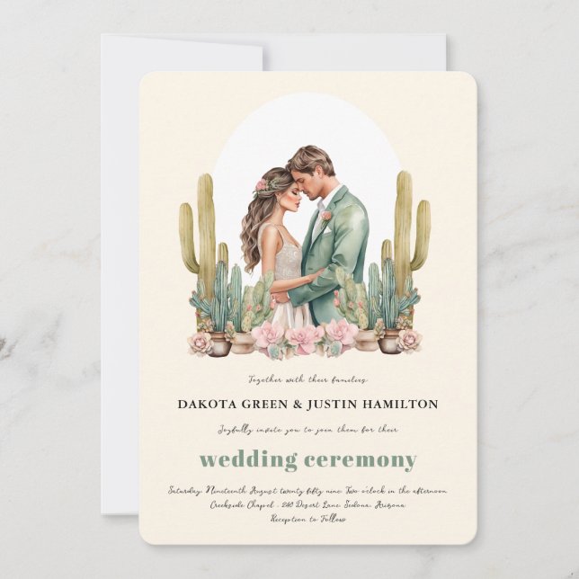 Western Boho Cactus Desert All in One Wedding Einladung (Vorderseite)