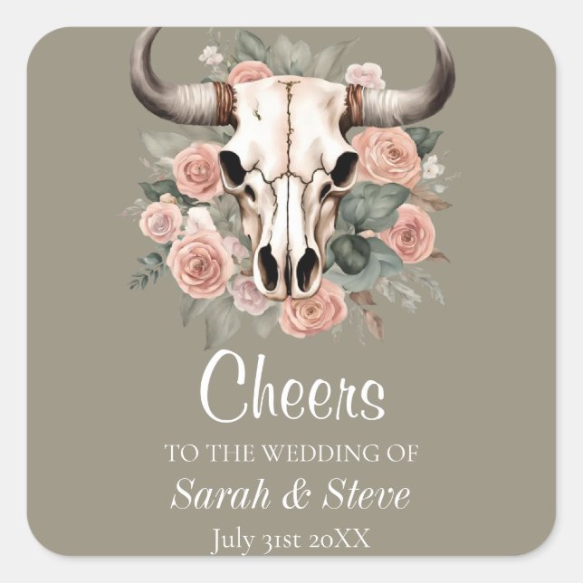 Western Boho Kuh Bläschen Schädelsage Hochzeit Quadratischer Aufkleber (Vorderseite)