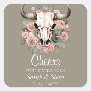 Western Boho Kuh Bläschen Schädelsage Hochzeit Quadratischer Aufkleber