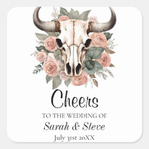 Western Boho Kuh Bläschen Schädelsage Hochzeit Quadratischer Aufkleber
