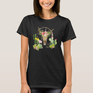 Western Boho Kuh Skull Bull Skull Cactus Blume T-Shirt