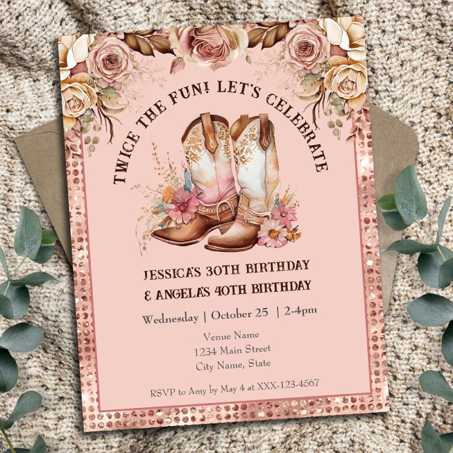 Western Boho Pink Floral Cowgirl Double Birthday Einladung (Von Creator hochgeladen)