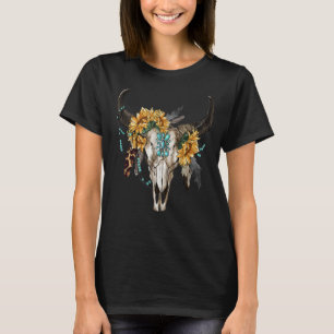 Western Boho Sonnenblumen Türkis Kuh Bull Skull T-Shirt