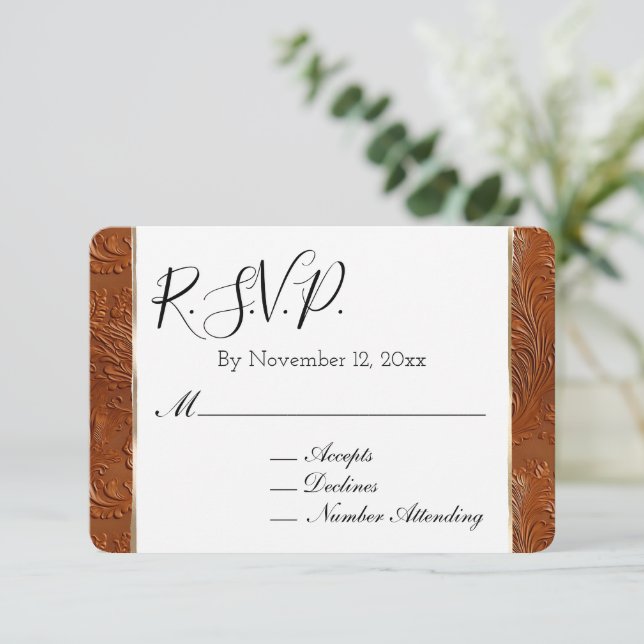 Western Boho Tan Brown Cowgirl Leaf Wedding RSVP Begleitkarte (Stehend Vorderseite)