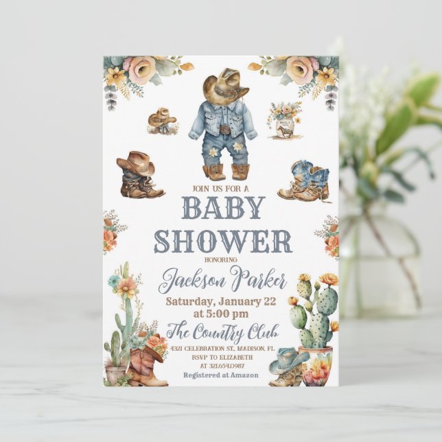 Western Boho Wild West Boy Baby Showroom Party Einladung (Stehend Vorderseite)